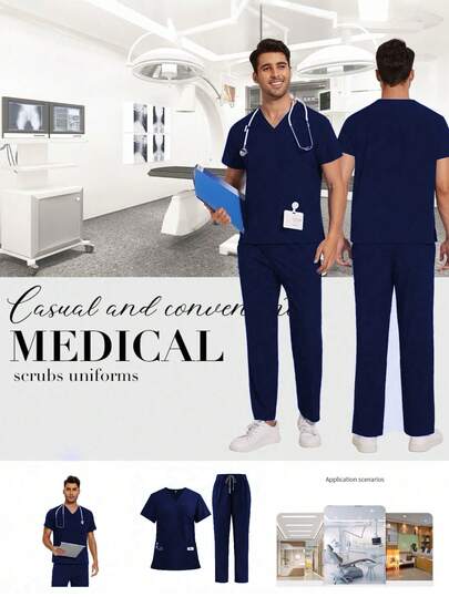 黑色V领短袖医用工作服套装，医生和护士适用的医疗制服