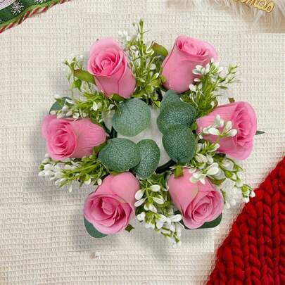 Floral Candle Ring Artificial Rose Flowers Candle Wreath For Desktop Centerpieces Decor