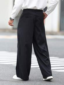 男士宽松直筒裤，褶皱面料休闲裤 - 黑色 - 查看 3