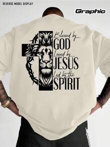 Men's Christian Religious Pattern T-Shirt - Bold Print On Back "God Bless - Jesus Praises - Holy Spirit Loves", Red Crew Neck Shirt, Suitable For Church, Casual Outfits, Machine Washable Gift, Street Fashion, Lion Face Design, Breathable Fabric, Comfortable Fit, Faith Clothing, Lightweight Short Sleeve Top, Street Style Enthusiasts - Unisex Plus Size Top - 杏色 - 查看 1