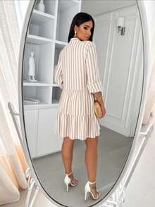 Women's Striped Midi Dress With Shirt Collar And Bishop Sleeves, Casual, With Buttons, Asymmetrical Hem, Summer And Beach. - 駝色 - 查看 3
