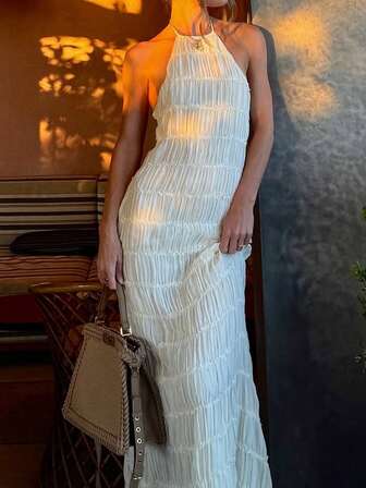 Women's Solid Color Backless Tie-Up Beach Dress, Elegant