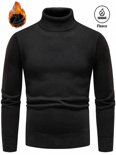 Men's Solid Color Basic Casual Thermal Lined Turtleneck Knit Sweater, Simple Everyday Wear, Suitable As Gift For Men/Husband, Autumn/Winter