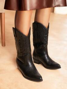 Women's Cowboy Boots Embroidery Stitching Pull-On  Almond Pointed Toe Chunky Heel Fashion Matching Dress Mid-Calf Black Boots - ĐEN/PU - Xem 6