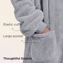 Women's Fleece Winter Blanket Sweatshirt With Hood, Robe Blanket With Sleeves, Soft Plush Fabric Hoodie Blanket With Front Pocket, Light Grey - Grey - View 9