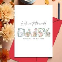 بطاقة مولود جديد، مرحبًا بك في العالم، طفلة صغيرة، بطاقة مخصصة مع حيوانات جميلة