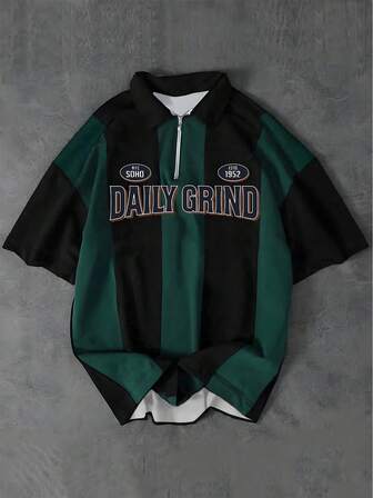 男士休闲条纹 Polo 衫，撞色套头短袖上衣，适合夏季