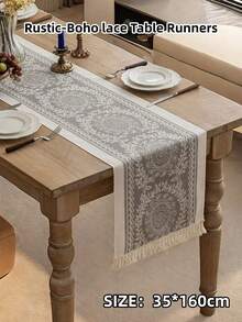 Runners da tavolo in pizzo stile rustico boho, tovaglia da matrimonio vintage romantica, con design a righe e floreale, decorazione estiva per cucina, festa, doccia nuziale, Ognissanti, fidanzamento, hotel, casa - Ghirlanda grigia-35*160cm - Visualizzare 2