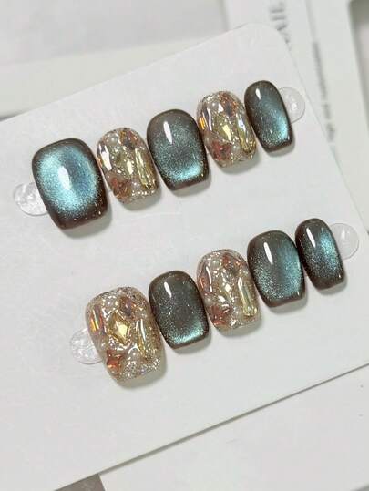10片蓝绿色猫眼珍珠水钻按压式短方形假指甲，秋冬新款，简约纯色，优雅迷人。适合女性和女孩。附赠收纳盒。手工按压式美甲用品