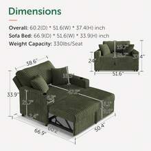 Green 52" 3-In-1 Convertible Pull-Out Sofa Bed Sleeper Loveseat With Reclining Backrest, Built-In Cup Holders, Pet-Friendly Corduroy Sofa For Small Space - Màu xanh lá cây đậm - Xem 4