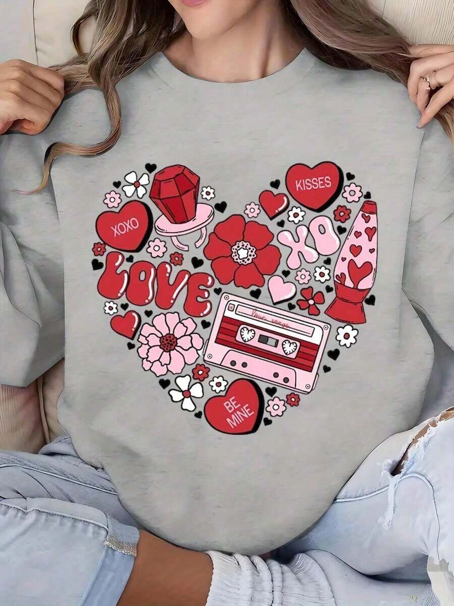 2026Love Heart Print Long Sleeve Sweatshirt Women Round Neck Casual Top Valentine Day Outfit,Valentine's Day Women's Long-Sleeved Sweatshirt - 灰色 - 查看 1