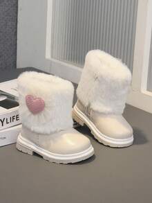 1双幼儿女童舒适轻便卡通爱心装饰侧拉链雪地靴，适合秋冬季休闲和户外穿着 - 米色 - 查看 4