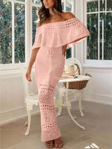 2026 Summer Women's New Elegant Tie-Waist Off-Shoulder Hollow-Out Knit Maxi Dress, Pink - Women's Vacation Wear, Spring Outfits, Street Style, Elegant Dresses, Women's Cruise Wear, Beach Outfits, Party Dresses, Birthday Outfits, Festive Clothing, New Year's Eve Outfits, Business Casual - Pink - View 3