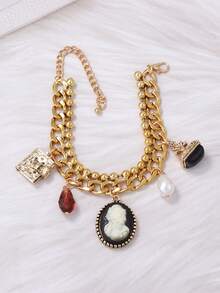 1pc Vintage Chic Alloy Lady Portrait Chain Tassel Earrings, Multi-Pendant Necklace, Bracelet Jewelry Set For Women