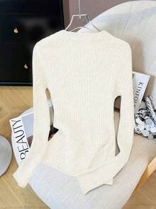 Vintage American V-Neck Split Sleeve Gray Knit Sweater, Slim Fit & Versatile Long Sleeve Top - White - View 4
