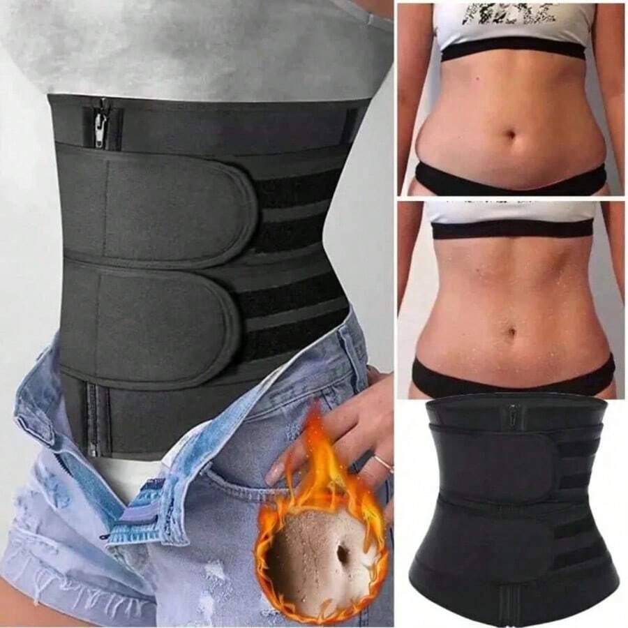 [Waist Trainer] All-Black Zippered Dual-Belt Magic Tape Tummy Control Support Waist Trainer - Multicolor - View 1