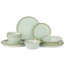 Richmount 12-Piece Plates And Bowls Sets For 4, 12 Pieces Stoneware Dish Set - Chip And Scratch Resistant, Round Tableware Set - 淺綠色帶棕色邊緣 - 查看 4