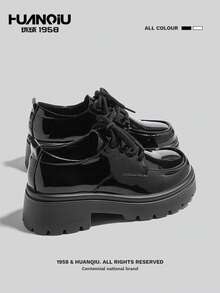 HUANQIU Thick Sole Loafers For Women, Black Leather Slip-On Shoes, Versatile & Elevated, British Style - Black - View 5