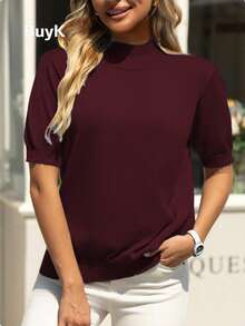 [Góry] Elegancki golf damski z krótkim rękawem, dzianinowy top BuyK, miękki materiał, klasyczny i uniwersalny, odpowiedni na wiele okazji