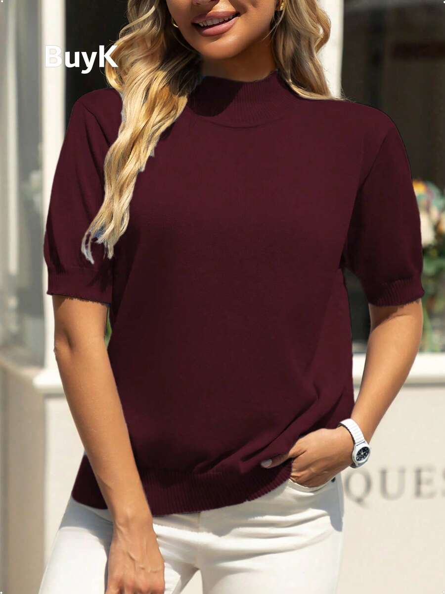 [Góry] Elegancki golf damski z krótkim rękawem, dzianinowy top BuyK, miękki materiał, klasyczny i uniwersalny, odpowiedni na wiele okazji