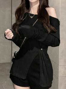 Women's Solid Color Minimalist Daily Wear Asymmetrical Shoulder Long Sleeve Knit Top Black - Black - View 2