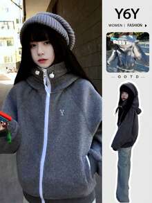 Y6Y 2025秋冬新款美式优雅灰色女士休闲连帽卫衣外套，今年流行款 - 深灰色 - 查看 7