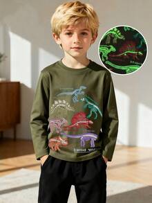 Little Bitty 儿童休闲户外卡通恐龙与夜光花朵图案圆领长袖T恤上衣，适合秋冬 - 棕色 - 查看 3