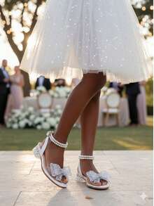 1双新款夏季时尚罗马珍珠装饰高跟凉鞋，女童学生舞蹈表演鞋，适合婚礼、派对、日常穿着，舒适低跟，儿童水晶公主高跟鞋 - 白色 - 查看 5