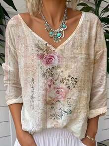 Women's Casual Floral Print V-Neck Loose Blouse, Suitable For Spring And Autumn Vacation - Multicolor - View 1