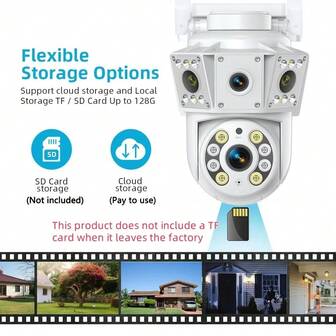 1个白色双镜头安防摄像头，远程夜视，1080P高清户外防水家用监控摄像头，双镜头检测，全彩夜视，双向语音，云台旋转，8+14颗LED灯，水平355°旋转，垂直90°旋转，支持手动录像、移动侦测录像、定时录像、报警录像，TF卡/云存储（最大128GB）