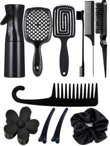 11pcs/Set Multi-Functional Hair Styling Tool Kit, Black Handle Hollow Comb Scalp Massage, Bone Massage Comb Scalp Relaxation Anti-Hair Loss, 200ml High Pressure Spray Bottle, Densely Toothed Curling Comb For Detangling, Large Hair Scrunchies For Ponytails, Elegant Hair Accessory Set Suitable For All Hair Types And Women, Great Gift For Girlfriend, Family ,Hair Styling Tools ,Hair Styling Kit