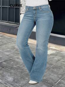 Quần jeans ống loe cỡ lớn dành cho nữ, dáng dài, có túi, cúc, khóa kéo và chất liệu co giãn. - Rửa trung bình - Xem 5