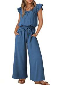 Womens Summer Loose Spaghetti Strap Short Jumpsuit Rompers - Royal Blue - View 1