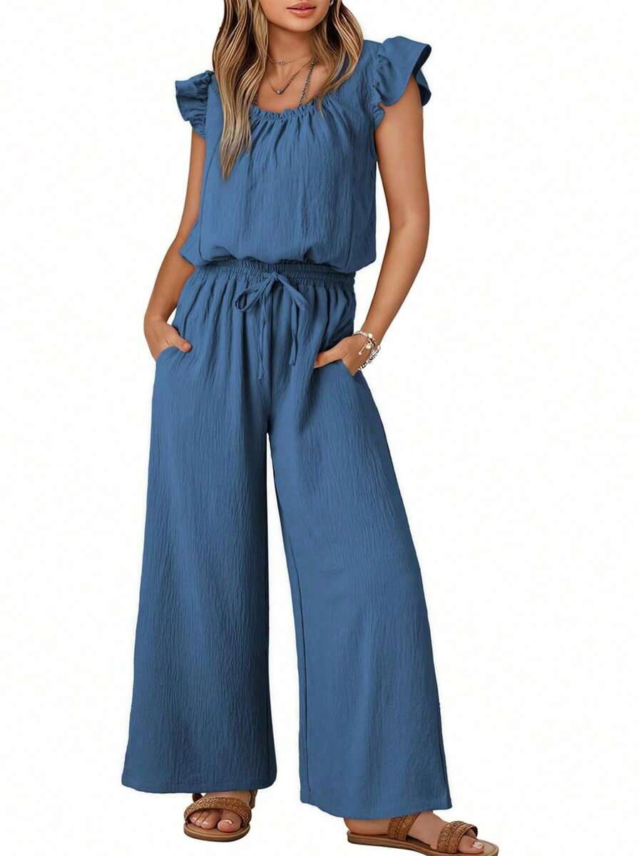 Womens Summer Loose Spaghetti Strap Short Jumpsuit Rompers - Royal Blue - View 1