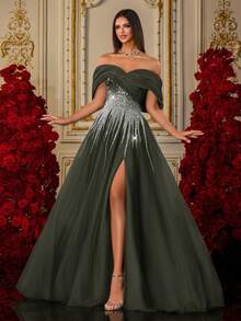 Ein königsblauer Farbverlauf Pailletten Stickerei Off-Shoulder Tüll Maxirock Luxus Abendkleid - Grün - Übersicht 6