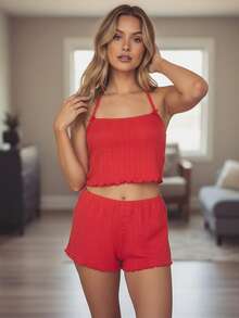 Women Pajama Set, Sleeveless V Neck Bows Camisole With Shorts Sleepwear Loungewear - Đỏ - Xem 5