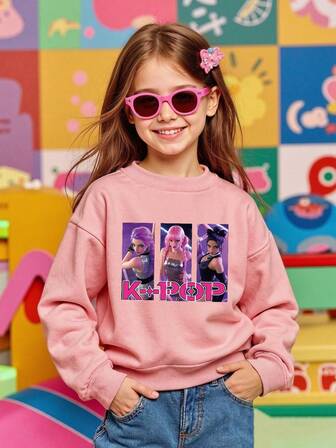 K POP Stars Printed Pattern Girls Autumn Round Neck Sweatshirt Casual Outdoor Sport Style Comfortable Soft Breathable And Skin Friendly Fashionable And Versatile Suitable For Parties And Play Machine Washable Gift Childrens Clothing