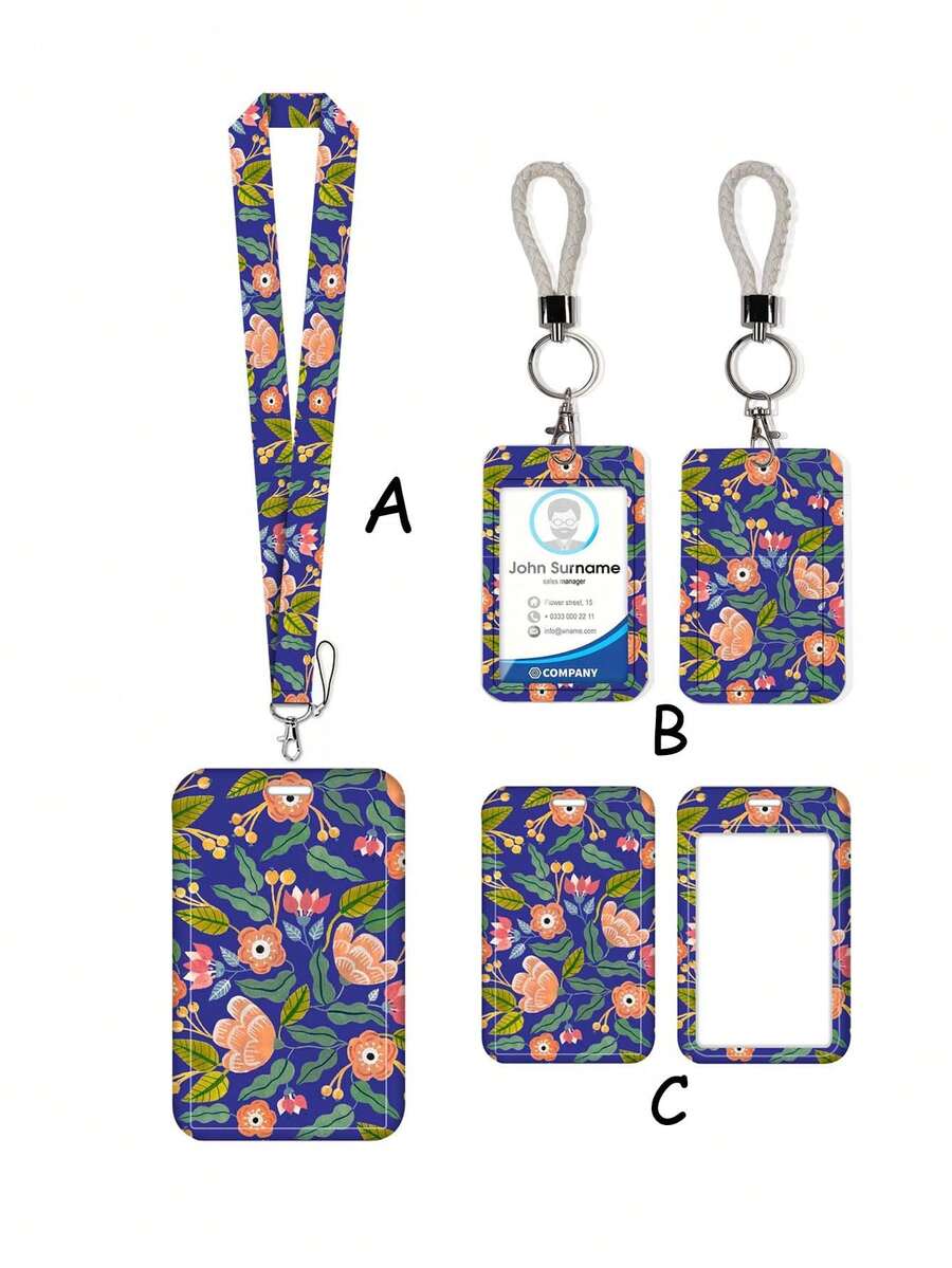 1 pieza Soporte de tarjeta con colgante de llavero, diseño de flor de color azul pavo real de ABS, personalizado, de estilo de dibujos animados, para tarjeta de estudiante, tarjeta de identificación, tarjeta de autobús, funda protectora de campus - Multicolor - Ver 1