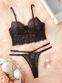 Luxury Comfortable Black Lace Bra Sexy Women's Lingerie Set - Black - View 2