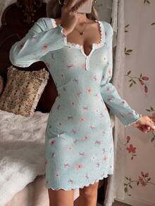 Cămașă de noapte cu mânecă lungă, model patchwork din dantelă, imprimeu cu ursuleți și funde, cu bordură de salată verde - Menta verde - Vizualizare 3