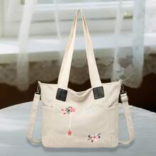 Bolso de hombro para mujer, con correa ajustable, bordado de flores, cierre de botón, bandolera - Blanco - Ver 2