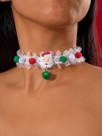  1pc Christmas Cartoon Bell Santa Claus Pendant Lace Trim Pom Pom Necklace, Suitable For Women's Daily, Party, Holiday Wear, Great Christmas Gift