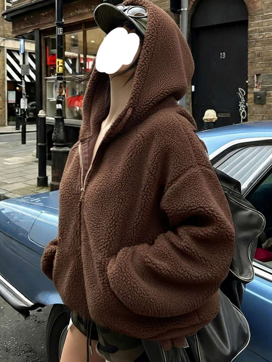 Women's Casual Loose Plush Hoodie With Pockets, Open Front Cardigan, Autumn/Winter - Coffee Brown - View 1