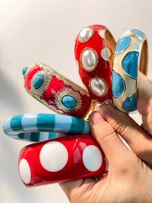 1pc Multi-Element Striped & Polka Dot Design Cloisonné Style Bracelet, Faux Pearl Decor, Elegant & Sexy Red & Blue Contrast, Suitable For Women's Daily Wear - Multicolor - View 9