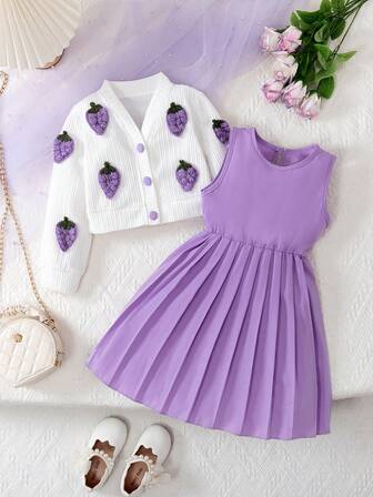 BASUSARRI 2pcs Girls Strawberry Decor Cardigan & Pleated Dress Set, Sleeveless, Fashion, Versatile, Elegant For Spring/Autumn, Birthday Party, Outing