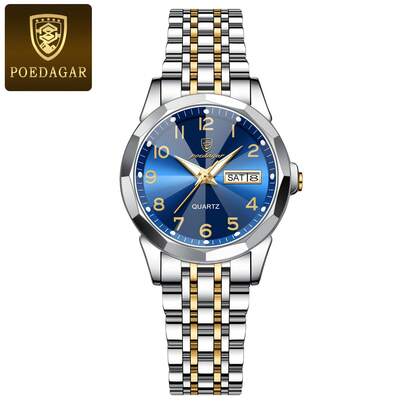 POEDAGAR 1 pieza Reloj de pulsera de mujer elegante de acero inoxidable con cuarzo azul, resistente al agua, luminoso, con doble visualización de fecha, reloj de lujo para dama, adecuado para uso diario, gran regalo para mujeres