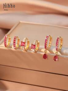 Hihho 6pcs/Set Elegant Magenta Shiny Zirconia Embedded Geometric Hoop Earrings, Charming Jewelry Set, Great Gift For Date - Yellow Gold - View 10