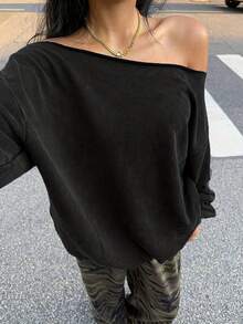 Texas Longhorns Off - Shoulder Sweatshirt, Gray Baseball Cap With White Text, Camouflage Pants, Gold Necklace & Hoop Earrings Outfit For Urban Streetwear Enthusiasts-Women's Winter Outfits: Elegant Conjunto De Mujeres + Flowy Top, Blusas & Top -Women's Long Sleeve Casual Pullover Top, Loose Fit, Comfortable And Stylish, Perfect For Spring Autumn Winter, Suitable For Daily Wear, Vacation, Party, Gift For Girlfriend Wife Female Friends-Slouchy Off Shoulder Sweatshirt - màu đen - Xem 4