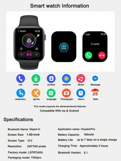 1pc 1.92" Touch Screen Multifunctional Slimme Horloge Silicone Teenagers, Multiple Sports Modes, Camera Control, Social App Notifications, Bluetooth, Compatible roid IOS, 180mAh Battery, School, Sports, Etc. view 7
