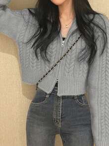 女士休闲长袖拉链短款针织开衫，秋冬 - 淺灰色 - 查看 3
